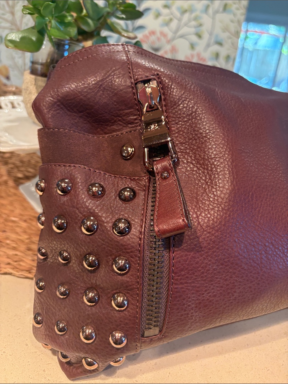 Makowsky Rose-Gold Studded Brown Leather Crossbody Hobo Bag - Picture 2 of 9